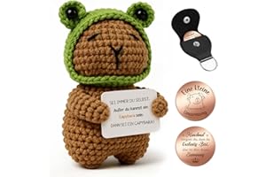 ‎GIFTOTA Giftota Pocket Hug Fröhliches Capybara - Handgehäkelte Capybara-Puppe mit Glücksmünze & Lederetui - Glücksbringer & Mutmacher - Weihnachten Geschenke - Geschenk für Männer, Frauen, Jugendliche