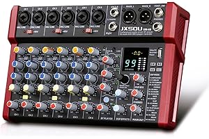 JXSOU 10-Channel Audio Mixer,DJ Mixer, Sound Board Console Mixer with 99 DSP Effects, Bluetooth Mixer Input 48V Phantom Power Stereo USB XLR Mixer For Karaoke Studio PC Recording