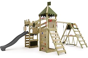 Fatmoose Aire de Jeux Château Fort RiverRun Royal XXL avec SurfSwing, balançoire & Toboggan Anthracite, extérieur Enfants Tour d'escalade avec bac à Sable échelle & Accessoires de Jeux