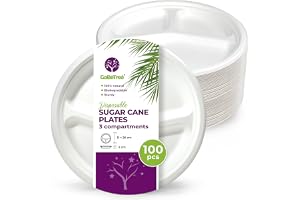 100 engångstallrikar 26 cm med 3 fack Tallrikar av sockerrör, Extra robust vit engångsservis, Runda tallrikar