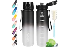 Gobravio Water Bottle 1L BPA Free Sports Drink Bottle Dishwasher Safe Canteen Bottle Leakproof Motivational Water Bottle with Time Markings