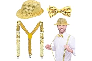 EUPSIIU 3 Pieces Disco Costume Gold Jazz Sequins Hat Shiny Suspenders Braces Bow Tie, 70s Sequins Accessories for Adult Hip-Hop Costume Glitter Hat for Halloween Fancy Dress Theme Party