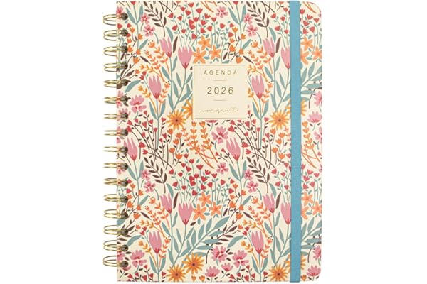 Finocam - Agenda 2026 Semana Vista Horizontal | Enero - Diciembre (12 meses) | Agenda Anual 2026 con goma elástica | Espiral Doble Tapa Dura Moniquilla - Espiga - Español