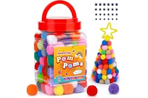 300 Stück Pompons, 25mm Bunte Pompons Zum Basteln, Kleine Pompoms Mit 100 Stück Wackelaugen (5/6/7/8 mm), Pompoms Bälle für Weihnachten, DIY Kreativen Handwerk Dekorationen