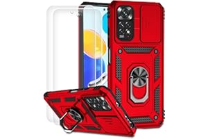 Dechyi Funda para Xiaomi Redmi Note 11S 4G/Redmi Note 11 4G y 2 Piezas Vidrio Templado Cubierta de Cámara Deslizante con Soporte de Anillo Fundas Duradero Robusto-Rojo