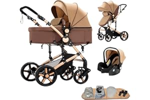 AVEAINELLE 3-in-1 Baby Combination Pram, Baby Tub, Pushchair and Car Seat, for 0-36 Months Babies (Khaki)