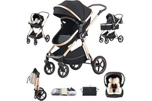 Shineey kinderwagen 3 in 1 Buggy Babybett Komplett Set Einem Klick Zusammenklappbarer Kinderwagen, 3 in 1 KombiKinderwagen Aluminiumrahmen für Neugeborene (BLACK-D2, H2-D)