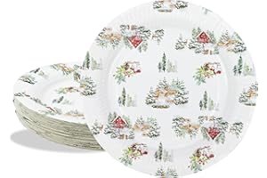 BFB Piatti di carta Natalizie 23cm Bianco 50 pezzi Casa della neve Piatti usa e getta, Set di Piatti monouso per feste