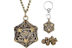 Hshenjhu Mini Set di Dadi DND con Portachiavi Portatile, Collana, Mini Set Poliédrici in Metallo da 7 Pezzi, Gabbia Metallica Vuota D20 Drago, Accessori per Giochi da Tavolo di Ruolo, Bronzo