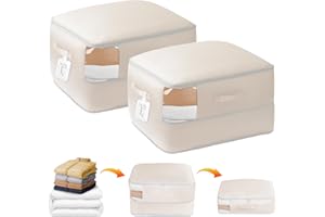 DIMJ Space-Saving Compression Storage Bags - 2 Pack Foldable Duvet Storage Organisers Large Compression Packing Cubes with Clear Window for Moving, Dorm, Down Jackets, Clothes, Bedding (Beige)