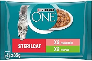 PURINA ONE Sterilcat, Comida Húmeda para Gato Esterilizado Adulto, Trocitos en Salsa, Surtido de Salmón y Pavo, 12 Packs de 4 Sobres de 85 g. (48 sobres)