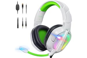 Krysenix PG2 Gaming Headset for PS4, PS5, PC, Xbox One, Switch, Wired Gamer Headphones with AI Stereo Microphone Sound, Ergonomic Design Over Ear Computer Headset with 3.5mm Jack & LED White/Green