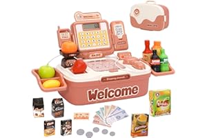 NUKIED Elektroniczna kasa fiskalna, zabawka, kasa fiskalna ze skanerem, dźwiękiem, jedzeniem, koszykiem na zakupy, prezent dla dzieci, dziewcząt, chłopców od 3 lat (różowa)