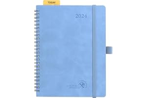 POPRUN Agenda Settimanale 2024 Spirale 22 x 16,5 cm, 1 Pagina a Settimana con 1 Pagina di Appunti, Righello Segnolibro, Copertina Morbida in Pelle PU, Carta da 100 gsm Certificata FSC®, Blu Cielo