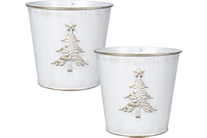 Fyne-Finds Metal Christmas Tree Embossed Plant Pot 15cm, 6inch Tin Pail Planter 1.5L Gold White Decor Xmas Gift (2)