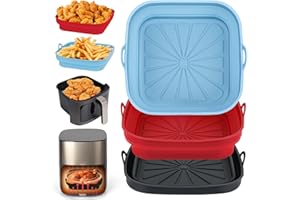 Alyvisun Moule Silicone Air Fryer, 3 Pièces Moule Panier Friteuse à Air Chaud Réutilisable Airfryer Plat Carré Pliable Doublure Liners pour Friteuse Air, Micro-ondes, Four (Rouge+Noir+Bleu Ciel)