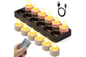 SoulBay Velas de té LED recargables con estación de carga de temporizador, 12 velas LED recargables con mando a distancia, temporizador para fiestas, habitaciones, salones, Halloween, Navidad