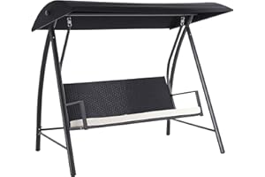 ‎OUTSUNNY Outsunny Hollywoodschaukel 3-Sitzer aus Polyrattan Gartenschaukel mit verstellbar Sonnendach Sonnenschutz Sitzkissen Hängebank bis 360 kg belastbar Hängeschaukel für Garten 198x124x179cm Schwarz