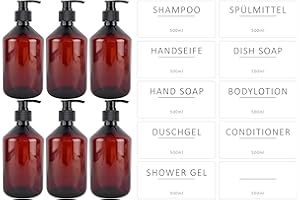 ISOLATECH zestaw 6 × 500 ml dozowników – brązowe, puste butelki PET z czarnymi pompkami, wielokrotnego napełniania, do żelu, szamponu i balsamu do ciała – 10 etykiet w komplecie