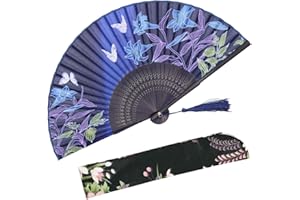 OMyTea "Lily" Chinese/Japanese Women Hand Held Silk Folding Fans with Bamboo Frame - With a Fabric Sleeve for Protection (WZS-10)