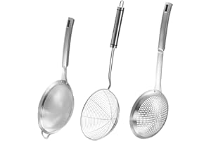Suwimut 3 Pieces Spider Strainer Skimmer Spoon Set, Fine Mesh Stainless Steel Sieve Food Strainer, Large Holes Slotted Colander Frying Spoon, Strainer Ladle Wire Skimmer Spoon with Handle for Kitchen