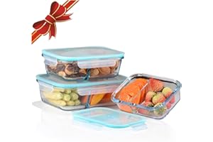 Amisglass Boîtes Alimentaires en Verre, Boîtes Lunch/Repas Hermetiques de 3 Récipients avec Couvercles sans BPA, 2 Compartiments, Parfait comme Lunch Box/Conservation/Congélation Alimentaire