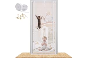 MYPIN Upgraded 35.5X82” Heavy Duty Magnetic Screen Door for Cats, Anti-mosquito, White, Steel with Vinyl Coating, Pet Fly Screen Door with Bilateral Zipper, Prevent Dogs Cats Running Out from Home