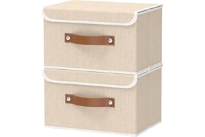 OUTBROS 2 Pezzo Scatole Cartone con Coperchio, Contenitore Pieghevole, 33x23x20 cm Scatole Armadio, Contenitore di Tessuto con Maniglia, Beige