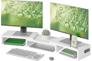 BONTEC Dubbel bildskärmsstativ - Justerbar längd och vinkel Trä Desktop Organizer Stativ med Smartphonehållare - PC Monitor