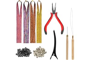 HEXINYIGJLY 4 Farben Tinsel Hair Tinsel, 90cm Haar Lametta, 800 Stränge Haarsträhnen zum Einflechten, Haarverlängerungen mit Zubehör, Haar Glitzer Strähnen Haare Nanoring Extensions Microring Extensions Zubehör
