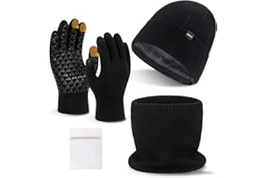 Yuaerbuo Touchscreen Handschuhe Mütze Schal Set Herren Damen, 4-Teiliges Set Fleece Gefüttert Strickmütze Winterhandschuhe Schlauchschal mit Wäschesack für Halswärmer Sets