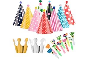 Aila 11PCS Party Hats, Birthday Party Cone Hats Pom Poms and Crowns, 10pcs Party Blowouts, Paper Party Hats and Blowouts Set for Boys Gilrs Birthday Dress Up Party Decoration and Celebrations