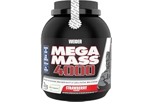 ‎WEIDER Weider Mega Mass 4000 - Weight Gainer Pulver mit 48g Protein & Kreatin pro Portion - Für Muskelaufbau & hohe Kalorienaufnahme - 3kg - Erdbeere