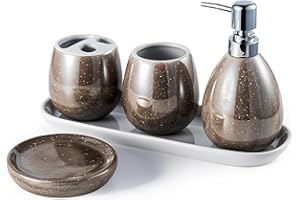 Ceramic Haven Luxe Collection | Oval Set of 5 Premium Bathroom Accessories | Soap Dispenser, Toothbrush Holder, Multipurpose Holder, Tumbler, Vanity Tray | Elegant Décor & Organiser (Luxe Bronze)
