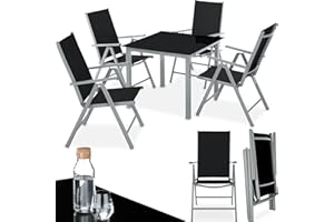 TecTake® Conjunto Muebles Jardín Exterior 5 Piezas, Estructura de Acero, Mesa y Sillas Terraza Impermeables y Resistentes a Intemperie, Sillas Plegables y Reclinables, Tela Transpirable - Plata
