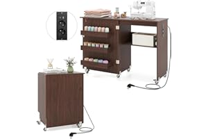 GIANTEX Tavolo da Cucito Pieghevole, Tavolino da Cucito con 5 Ruote, Mobile per Macchina da Cucire, Ampia Piano di Lavoro, 3 Vassoi Portaoggetti e Ripiano Aperto, con Stazione di Ricarica (Marrone)