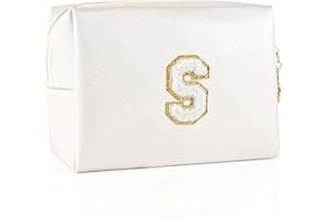 Hiyouer Personalized Initial Makeup Cosmetic Bag, Women Girls Gifts Preppy Stuff PU Leather Waterproof Makeup Pouch Make up Bags with Chenille Letter (Letter S)