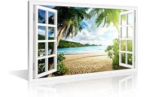 TISHIRON Wall Art Beach Sunset 3D Window View Effect For Home Modern Decoration Painting Pictures Print On Canvas Wooden Frame Ready To Hang(24X16in)