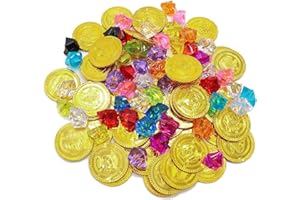 CATOR 200 Pezzi Gemme dei Pirati, Monete oro Giocattolo, Tesoro Pirata Monete, Gemme, Caccia al Tesoro, Caccia Tesoro Pirati, Regalo Decorazione per Feste Compleanno (100 Monete d'oro 100 Gemme)
