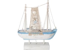 Keyhomestore- Soprammobile decorativo a forma di Barca peschereccio in Legno con led luminoso Stile mediterraneo e Nautico per Decorazione Parete casa Tema Marino Nautico casa Mare - Altezza cm 33