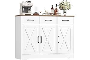 HOCSOK Kredens, szafka kuchenna z 3 szufladami i 3 drzwiami, drewniana szafka do przechowywania, do kuchni, salonu, jadalni, przedpokoju, biała i brązowa