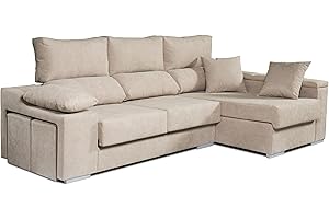 ECCOX - Sofá Chaise Longue Rubí 3 Plazas - Asientos Deslizantes, Cabeceros Reclinables y Arcón de Almacenaje - Cojines y Pufs Incluidos - Chaiselonge Derecha Tapizado en Tela Antimanchas - Color Beige
