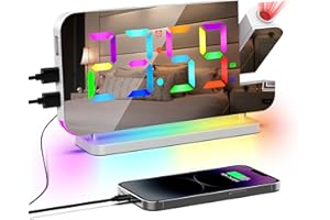 Lancoon Digital Alarm Clock with 180° Projection Radio Clock 11 RGB Color Display 10 Color Night Light 15 Level Volume USB A/C Charging Port Snooze White