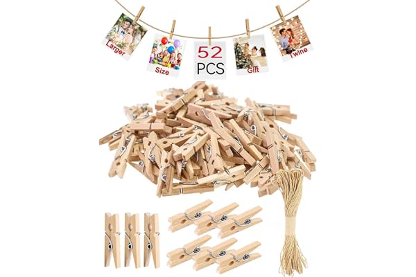 52 stycken miniträklämmor, 3 cm tvättklämmor trä, med 10 m jute-twin, naturliga träklämmor små, dekorativa tvättklämmor, naturliga dekorativa klämmor för foton, fotovägg, vykort, brev (3 x 0,7 cm)