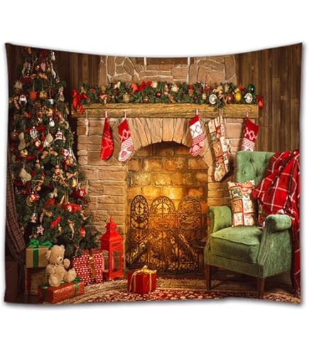 Tenture Murale Cheminée Noël – Décor 130 X 150 Cm, Motif Cadeaux Et Feu, Pour Salon, Chambre Ou Extérieur