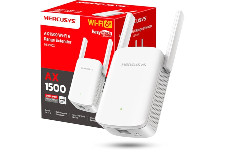 Mercusys ME1500X Wi-Fi 6 Amplificador WiFi, Repetidor de Doble Banda con 1201 Mbps 5 GHz + 300 Mbps 2,4 GHz, Puerto Gigabit, 