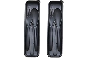 LIVELYPET Lot de 2 couverts portables avec étui, en plastique réutilisables, couteaux, fourchettes, cuillères, couverts de voyage pour camping, pique-nique, bureau, école ou utilisation quotidienne (noir)