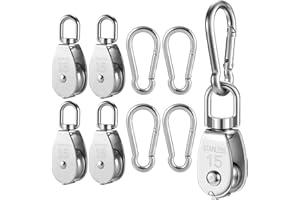 GmeDhc 15MM Polea Carrucola, 4 Piezas Poleas Acero Inoxidable con 4 Piezas Mosquetón - Carga 35kg, para Cuerdas Uso Interior y Exterior