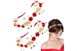 Aswewamt 2 Pcs Red Flower Crown Headband Rhinestone Pearl Tiara Red Rose Bride Crown Crystal Red Headband Wedding Headpiece Hair Jewelry for Women