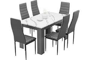 Blisswood Dining Table Set, Dining Table And Chair Set, Pu Leather Dining Room Chairs and 17mm Thick Table Top Long Modern Dining Table Set (White Marble/Grey Dining Table and 6 Grey Chairs)